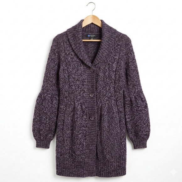 Relativity Sweaters - Relativity Wool Blend Soft Stretchy Warm Cozy Purple Long Button-Up Cardigan
